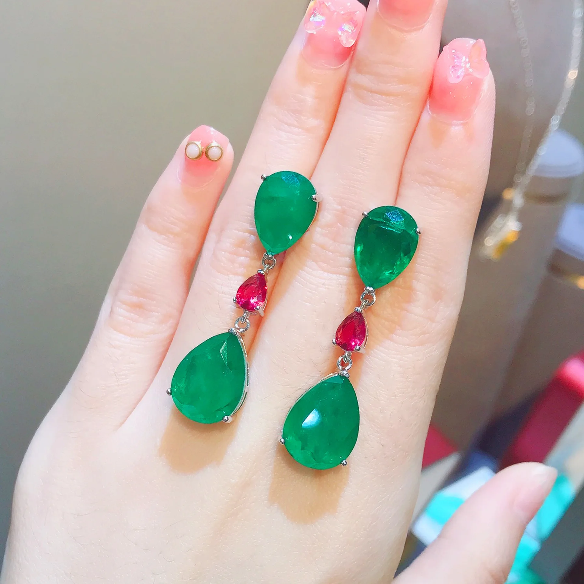 Foydjew Luxury Simulation Emerald Paraiba Earrings Women's Simple Water Drop-shaped Green Dangle Earring Color Treasure Jewelry