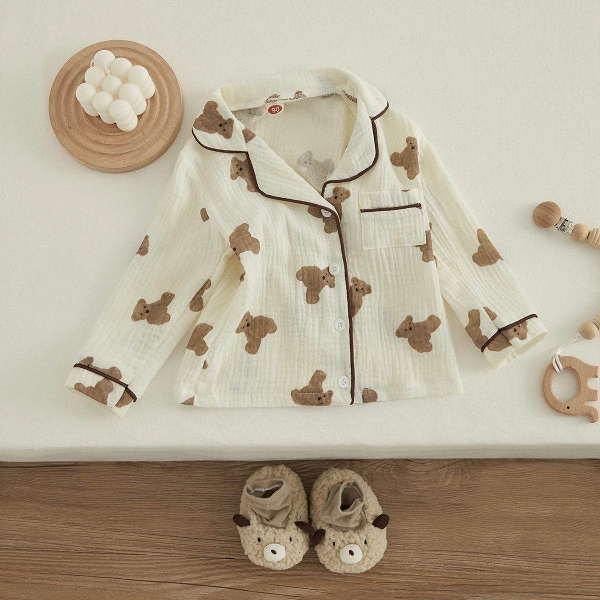VISgogo Kids Unisex Cotton Linen Pajama Suit Bear Print Long Sleeve Front Pocket Lapel Tops Long Pants Spring Clothes Casual Set