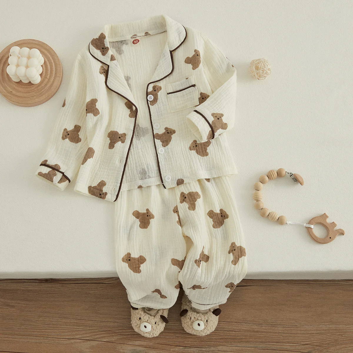 VISgogo Kids Unisex Cotton Linen Pajama Suit Bear Print Long Sleeve Front Pocket Lapel Tops Long Pants Spring Clothes Casual Set
