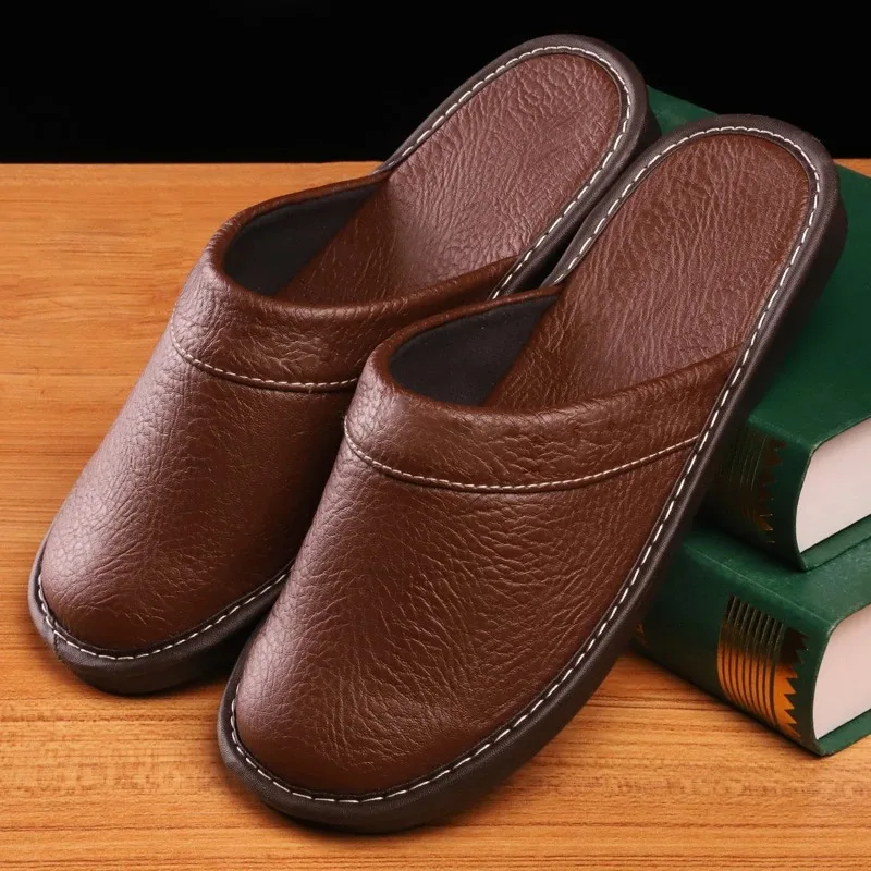 Affordable PU Leather Slipper Men's Home Shoes Winter Waterproof Slippers Unisex Indoor Shoes Room Guest Slipper Man Flip Flops