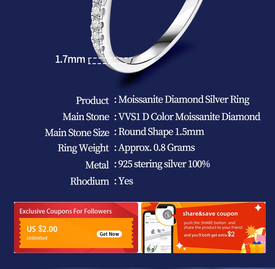 ATTAGEMS Moissanite Diamond Rings Jewelry Women Engagement Ring 925 Sterling Silver Jewelry Wedding Moissanite Band Ring