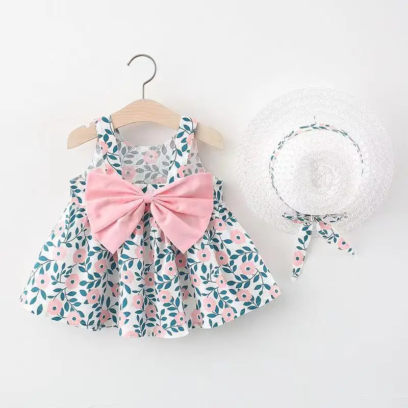 2Piece Summer Newborn Dresses Toddler Clothes Korean Cute Bow Flowers Beach Infant Princess Dress Baby Girl Clothing Set BC252