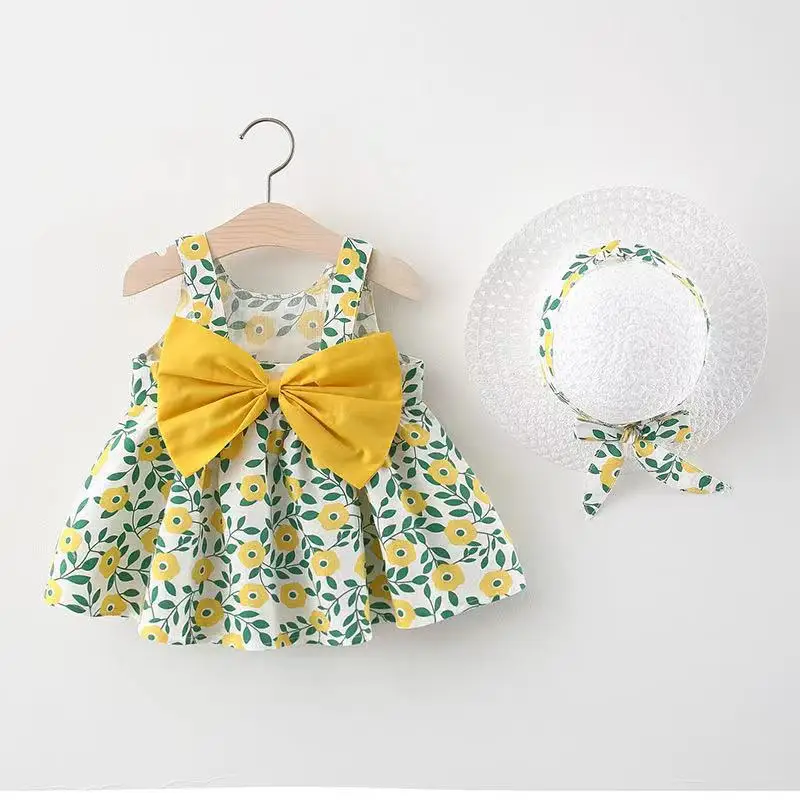 2Piece Summer Newborn Dresses Toddler Clothes Korean Cute Bow Flowers Beach Infant Princess Dress Baby Girl Clothing Set BC252