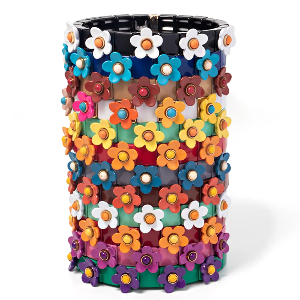 New Fashion Flower Charms Bracelets Bohemian Colorful Beads Elastic Bracelets Rainbow Color Bohe Couple Bangle For Women