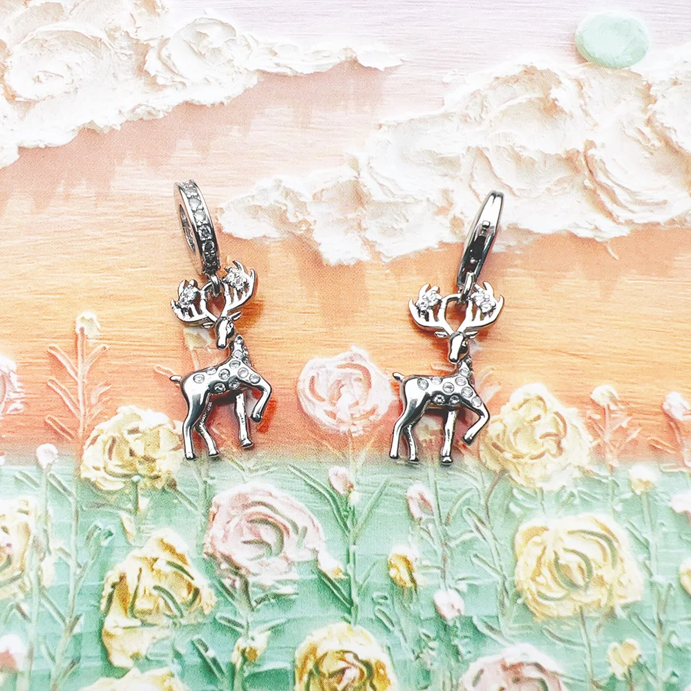 925 Sterling Silver Deer Moose Dangle Charm Pendant New Cute Lucky Women Jewelry Trendy Winter Christmas Gift