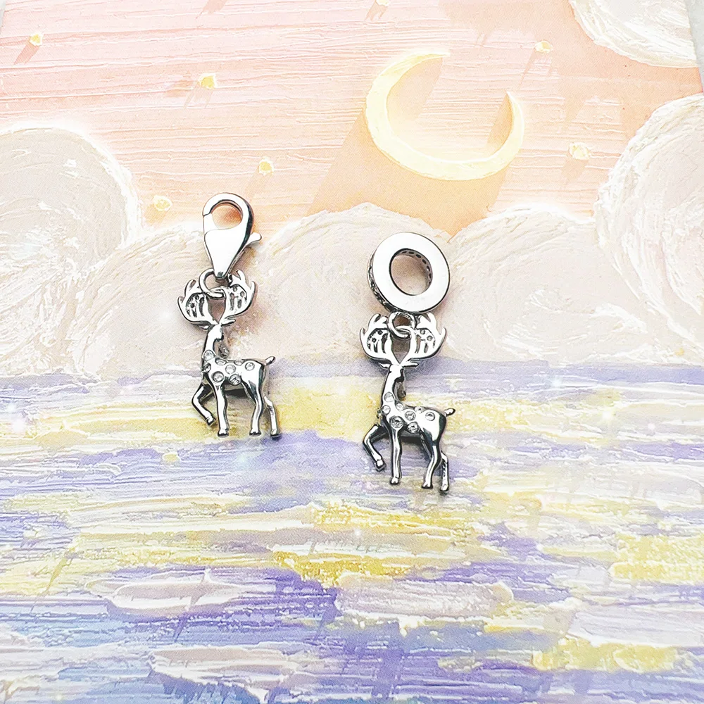 925 Sterling Silver Deer Moose Dangle Charm Pendant New Cute Lucky Women Jewelry Trendy Winter Christmas Gift