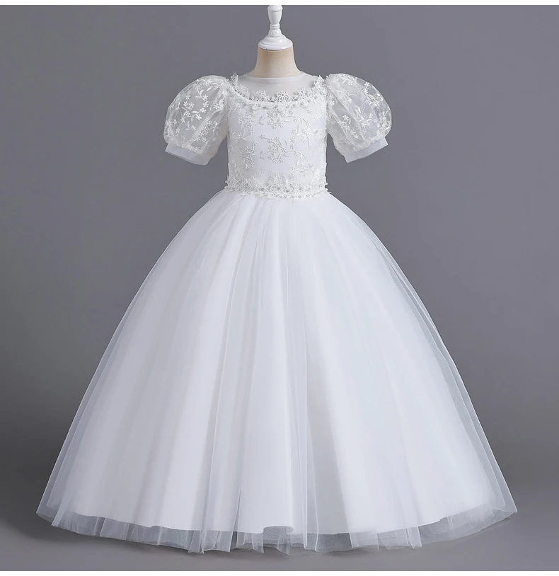 8901 Children's Dress for Girls' 4-12 Years Old Princess Sequin Bubble Sleeve Long Mesh Flower Girl Wedding Little Summer