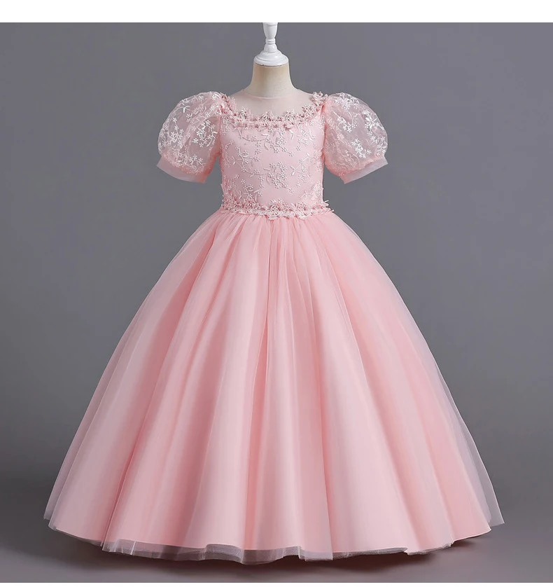 8901 Children's Dress for Girls' 4-12 Years Old Princess Sequin Bubble Sleeve Long Mesh Flower Girl Wedding Little Summer