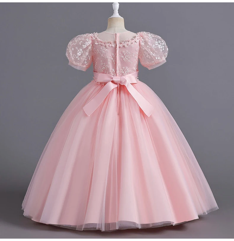 8901 Children's Dress for Girls' 4-12 Years Old Princess Sequin Bubble Sleeve Long Mesh Flower Girl Wedding Little Summer