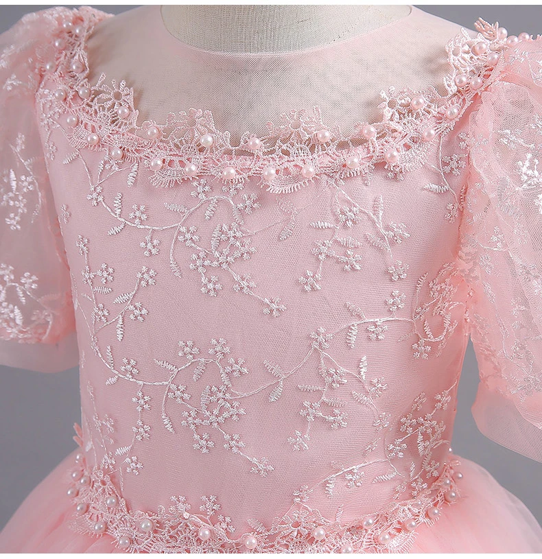 8901 Children's Dress for Girls' 4-12 Years Old Princess Sequin Bubble Sleeve Long Mesh Flower Girl Wedding Little Summer
