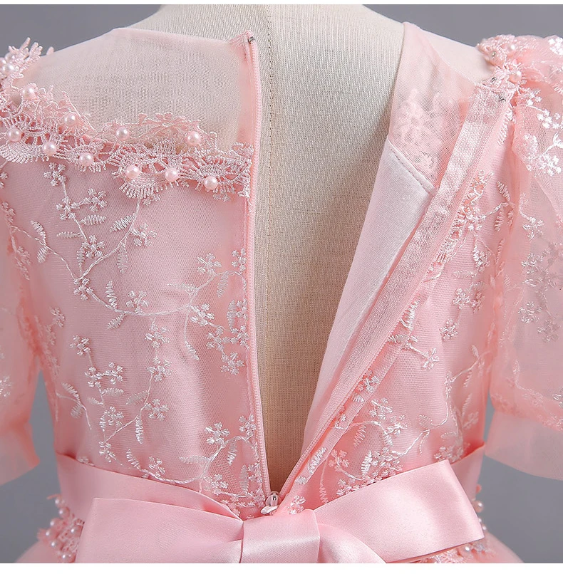 8901 Children's Dress for Girls' 4-12 Years Old Princess Sequin Bubble Sleeve Long Mesh Flower Girl Wedding Little Summer