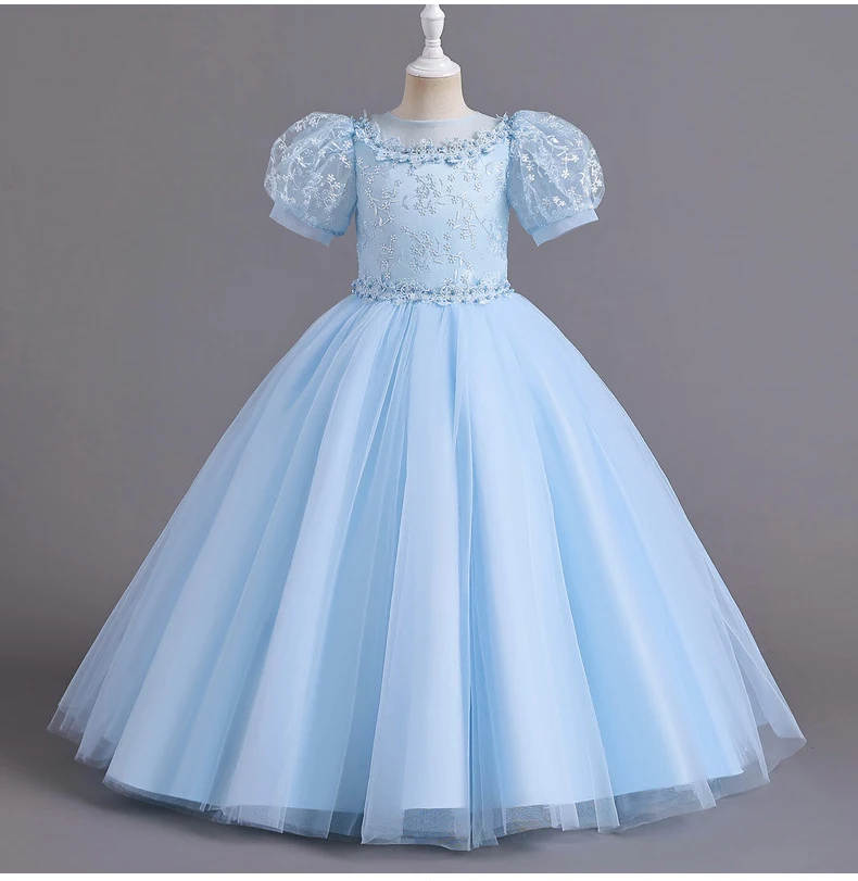 8901 Children's Dress for Girls' 4-12 Years Old Princess Sequin Bubble Sleeve Long Mesh Flower Girl Wedding Little Summer