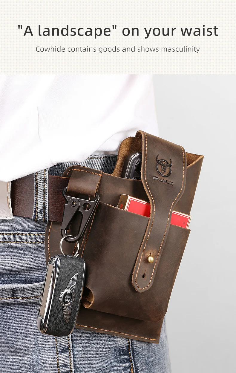BULLCAPTAIN 2023 New Men's Leather Waist Bag Can Be Used For 5.5-6.8-Inch Mobile Phone Carrying Cigarette Case Outdoor Bag