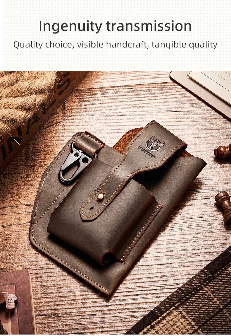 BULLCAPTAIN 2023 New Men's Leather Waist Bag Can Be Used For 5.5-6.8-Inch Mobile Phone Carrying Cigarette Case Outdoor Bag