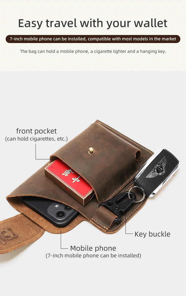 BULLCAPTAIN 2023 New Men's Leather Waist Bag Can Be Used For 5.5-6.8-Inch Mobile Phone Carrying Cigarette Case Outdoor Bag