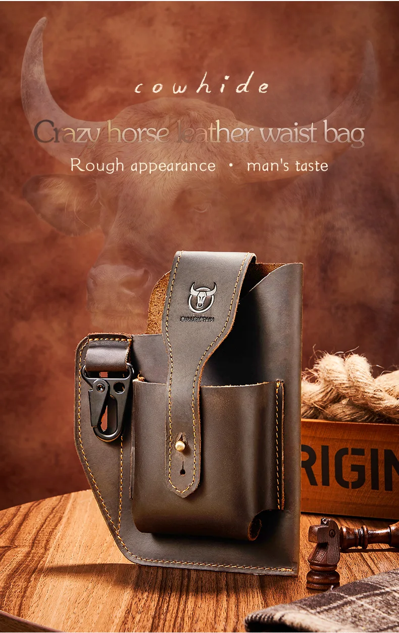 BULLCAPTAIN 2023 New Men's Leather Waist Bag Can Be Used For 5.5-6.8-Inch Mobile Phone Carrying Cigarette Case Outdoor Bag