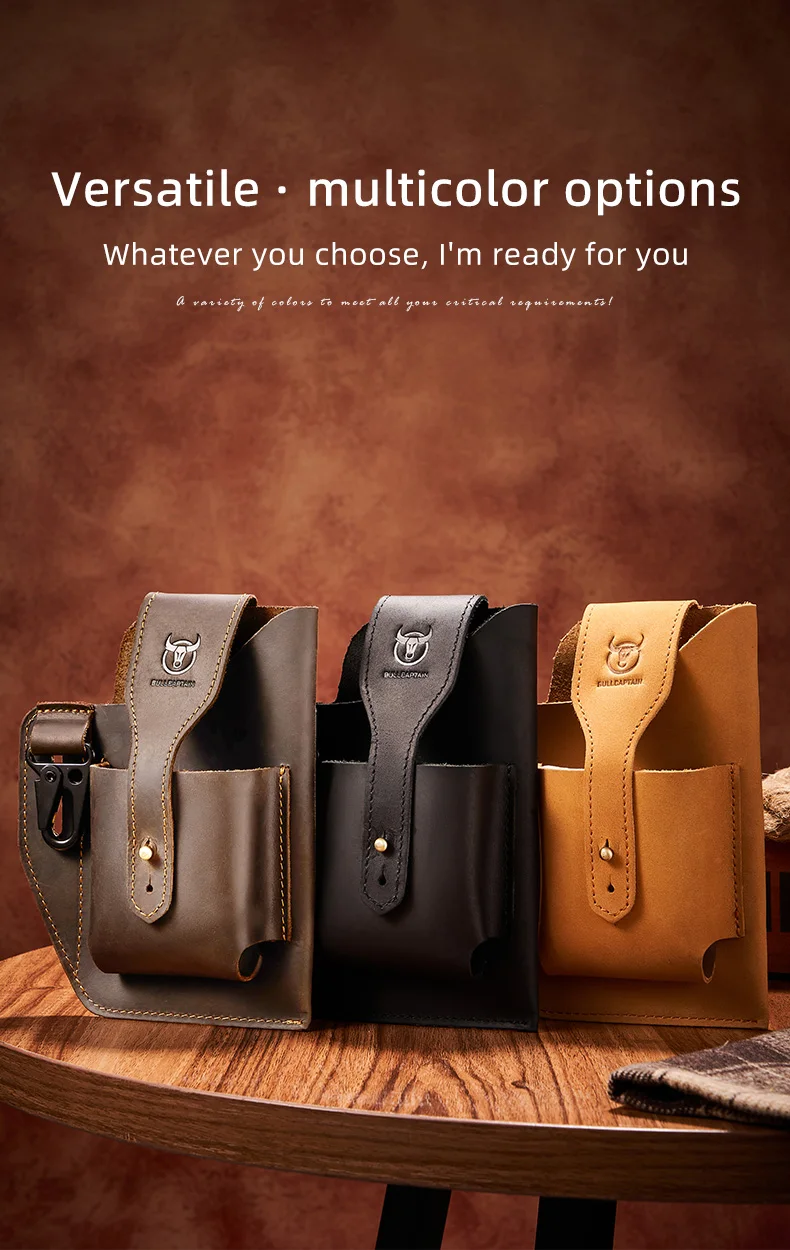 BULLCAPTAIN 2023 New Men's Leather Waist Bag Can Be Used For 5.5-6.8-Inch Mobile Phone Carrying Cigarette Case Outdoor Bag