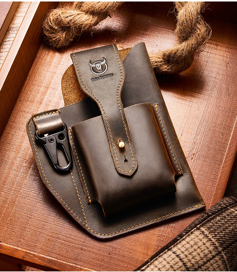 BULLCAPTAIN 2023 New Men's Leather Waist Bag Can Be Used For 5.5-6.8-Inch Mobile Phone Carrying Cigarette Case Outdoor Bag