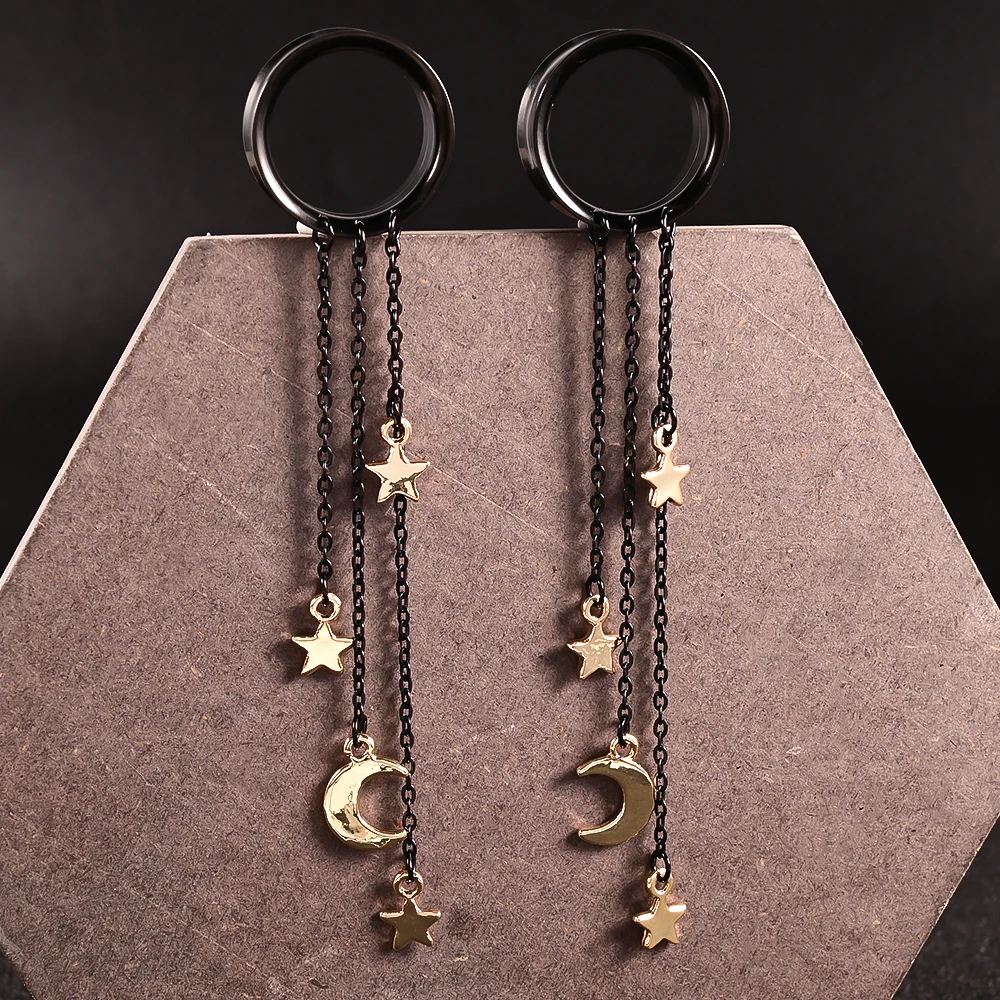 Doearko 2pcs Stainless Steel Chain Tassel Dangle Resin Ear Plugs And Tunnels Body Piercing Jewelry Ear Gauges Expander