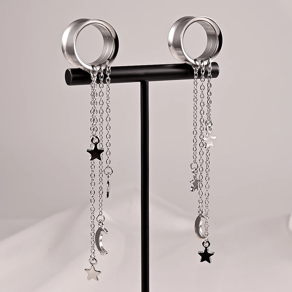 Doearko 2pcs Stainless Steel Chain Tassel Dangle Resin Ear Plugs And Tunnels Body Piercing Jewelry Ear Gauges Expander