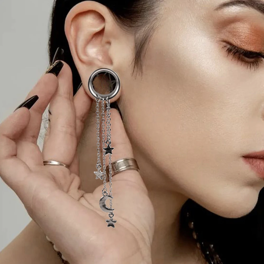 Doearko 2pcs Stainless Steel Chain Tassel Dangle Resin Ear Plugs And Tunnels Body Piercing Jewelry Ear Gauges Expander