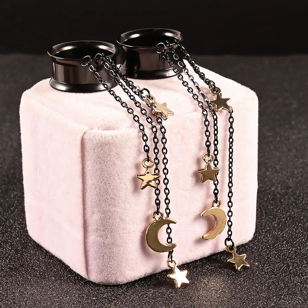 Doearko 2pcs Stainless Steel Chain Tassel Dangle Resin Ear Plugs And Tunnels Body Piercing Jewelry Ear Gauges Expander