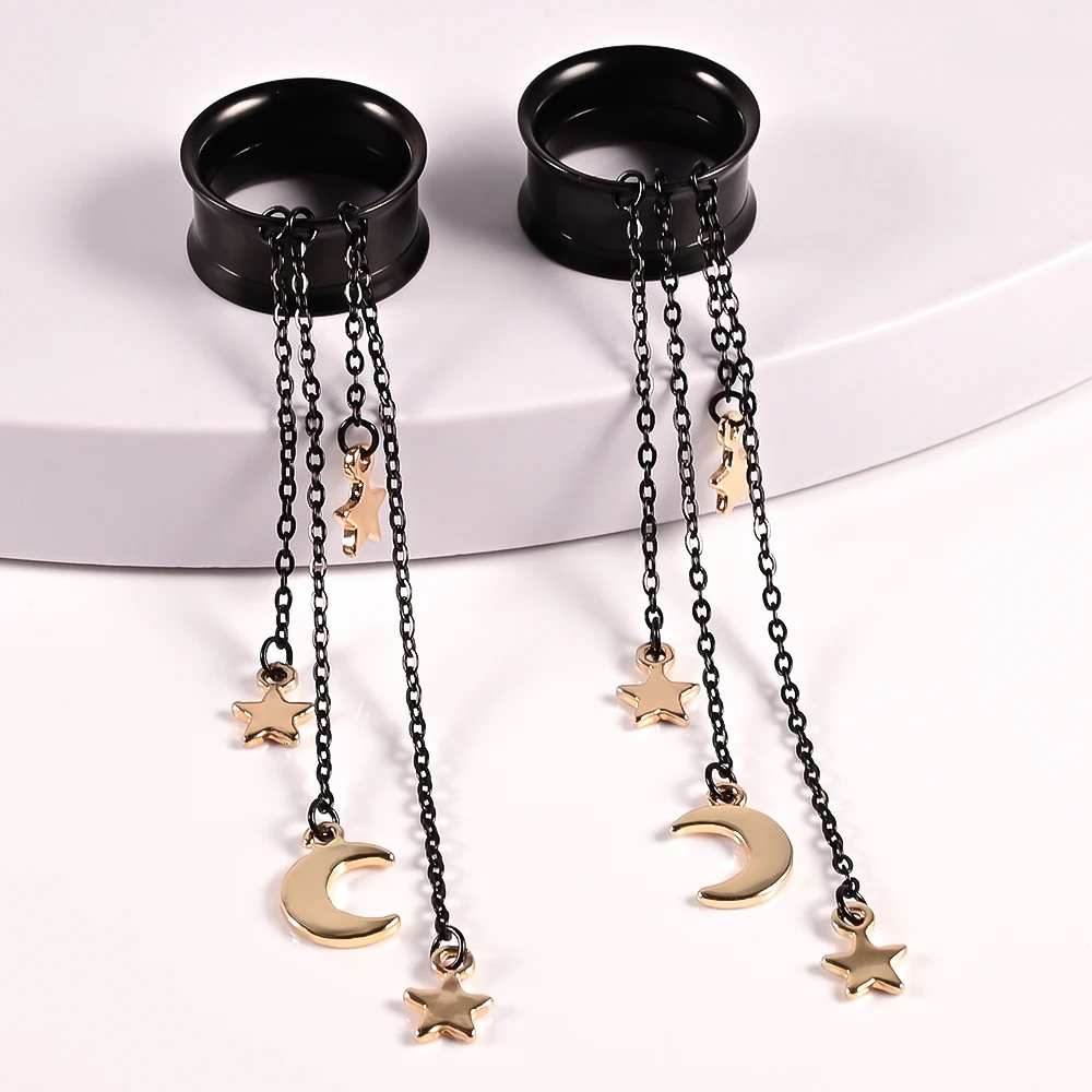 Doearko 2pcs Stainless Steel Chain Tassel Dangle Resin Ear Plugs And Tunnels Body Piercing Jewelry Ear Gauges Expander