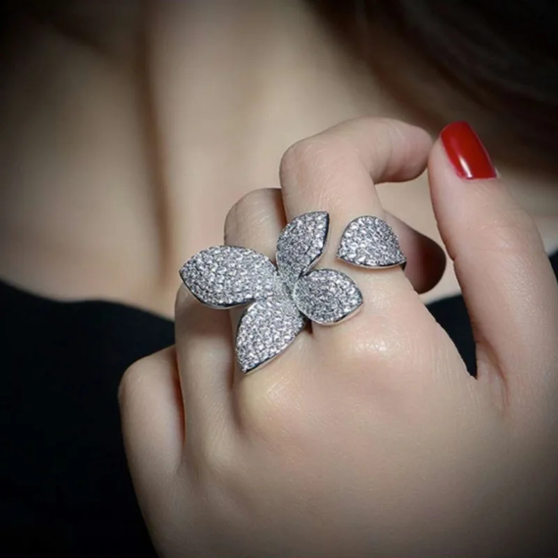 New Fashion Luxury Cubic Zirconia Women's Rings Oversized Butterfly Flower Rings for Women Open Resizable Female Engagement Ring