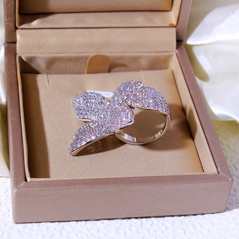 New Fashion Luxury Cubic Zirconia Women's Rings Oversized Butterfly Flower Rings for Women Open Resizable Female Engagement Ring