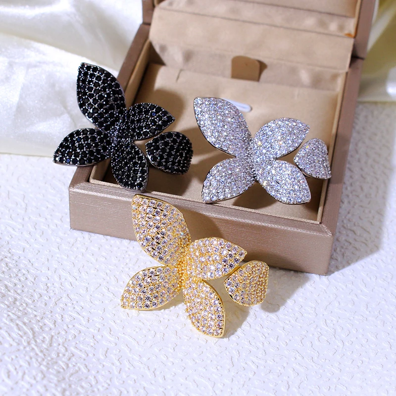 New Fashion Luxury Cubic Zirconia Women's Rings Oversized Butterfly Flower Rings for Women Open Resizable Female Engagement Ring
