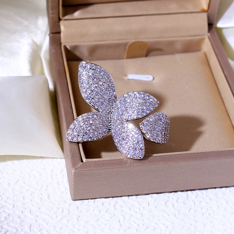 New Fashion Luxury Cubic Zirconia Women's Rings Oversized Butterfly Flower Rings for Women Open Resizable Female Engagement Ring