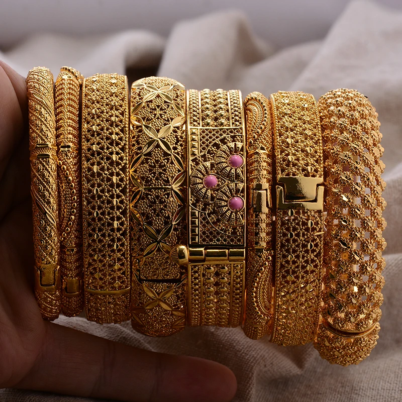 Round Flower Shape Gold Color Bangles for Women Men Algerian Wedding Bracelets 2.36 Long Chain French Jewelry
