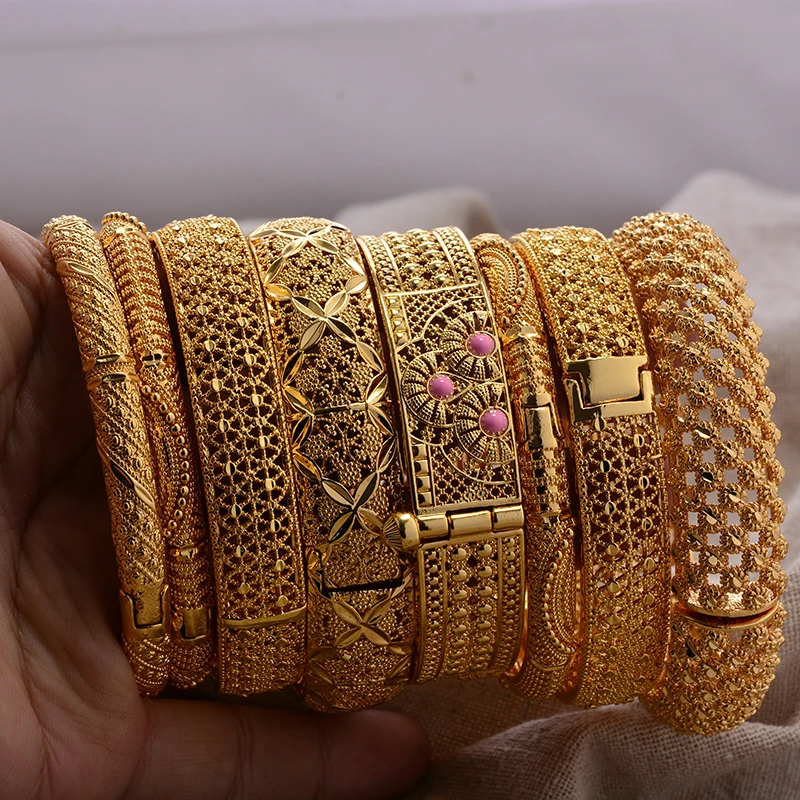 Round Flower Shape Gold Color Bangles for Women Men Algerian Wedding Bracelets 2.36 Long Chain French Jewelry