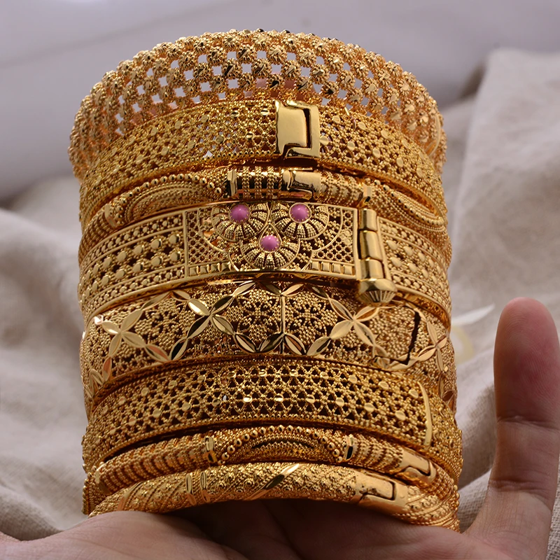 Round Flower Shape Gold Color Bangles for Women Men Algerian Wedding Bracelets 2.36 Long Chain French Jewelry