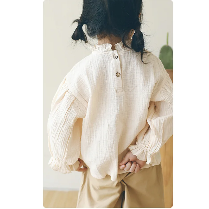 Toddler Girls Long Sleeve Tops Autumn Linen Cotton Solid Ruffle T-Shirt Floral Shirts for Kids Casual Tees Girls Blouses 1-6T