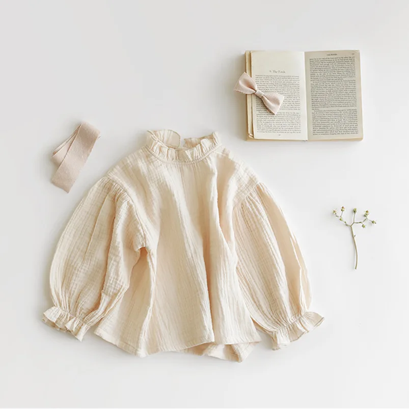 Toddler Girls Long Sleeve Tops Autumn Linen Cotton Solid Ruffle T-Shirt Floral Shirts for Kids Casual Tees Girls Blouses 1-6T