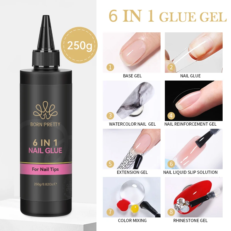 BORN PRETTY 250g 6 IN 1 Glue Gel Nail Polish Keep Nail C Arc Enhanced Nail Art Thickness Rubber Base Gel Super Bright Top Coat