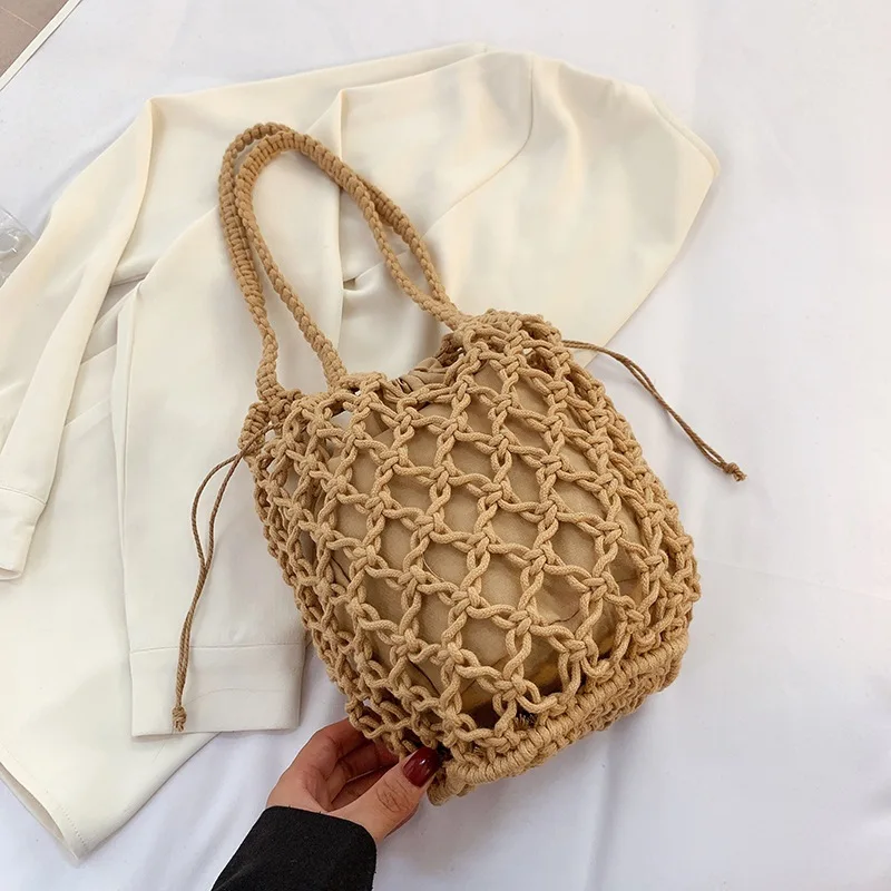 Summer Beach Bag For Women Mesh Rope Knitted Bucket Shoulder Bags  Reticulate Hollow Travel Shopper Totes Ladies Fashion Handbag
