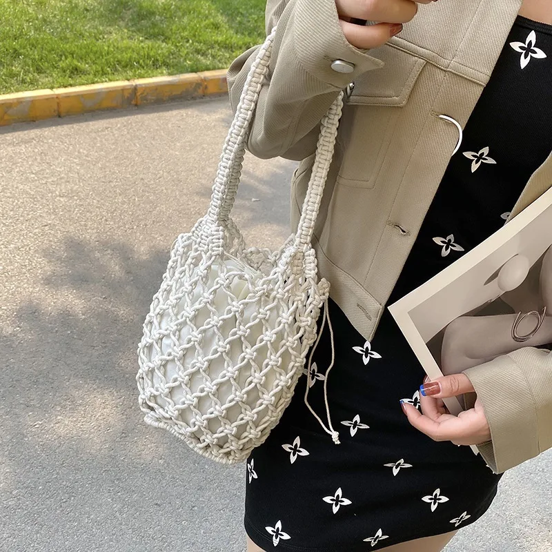 Summer Beach Bag For Women Mesh Rope Knitted Bucket Shoulder Bags  Reticulate Hollow Travel Shopper Totes Ladies Fashion Handbag