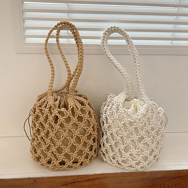 Summer Beach Bag For Women Mesh Rope Knitted Bucket Shoulder Bags  Reticulate Hollow Travel Shopper Totes Ladies Fashion Handbag