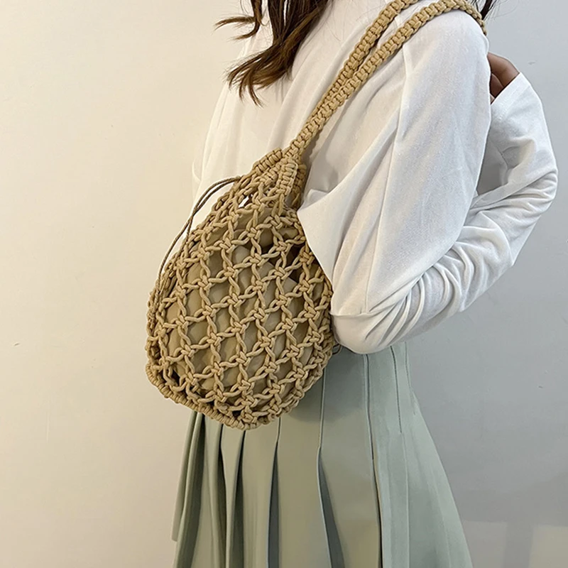 Summer Beach Bag For Women Mesh Rope Knitted Bucket Shoulder Bags  Reticulate Hollow Travel Shopper Totes Ladies Fashion Handbag