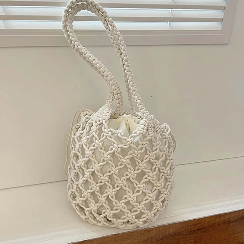 Summer Beach Bag For Women Mesh Rope Knitted Bucket Shoulder Bags  Reticulate Hollow Travel Shopper Totes Ladies Fashion Handbag