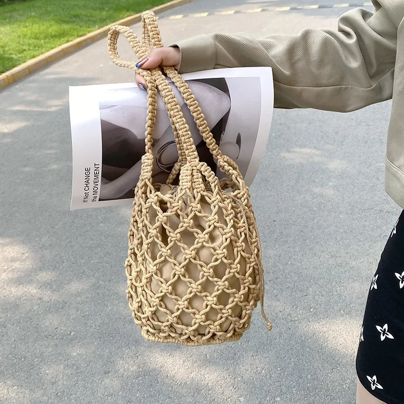 Summer Beach Bag For Women Mesh Rope Knitted Bucket Shoulder Bags  Reticulate Hollow Travel Shopper Totes Ladies Fashion Handbag