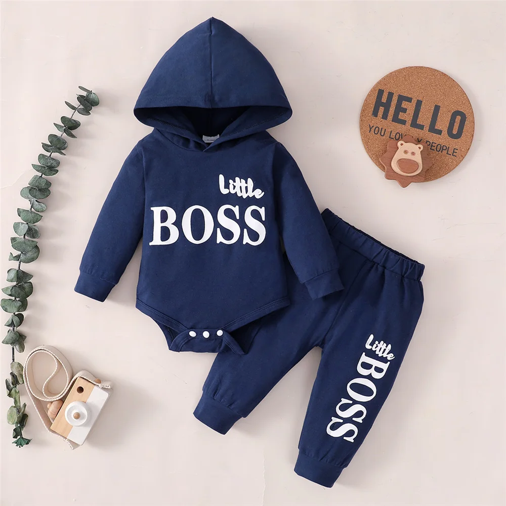 3-24 Months Newborn Baby Boy Clothing Suit Long Sleeve Hooded Romper+Pants Spring&Autumn Sports Style Toddler boy 2PCS Clothes
