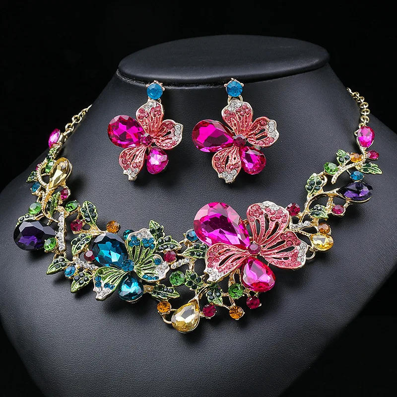 KMVEXO Bridal Bridesmaid Austrian Crystal Rhinestone Jewelry Sets Statement Choker Necklace Earrings Sets for Wedding Party Prom