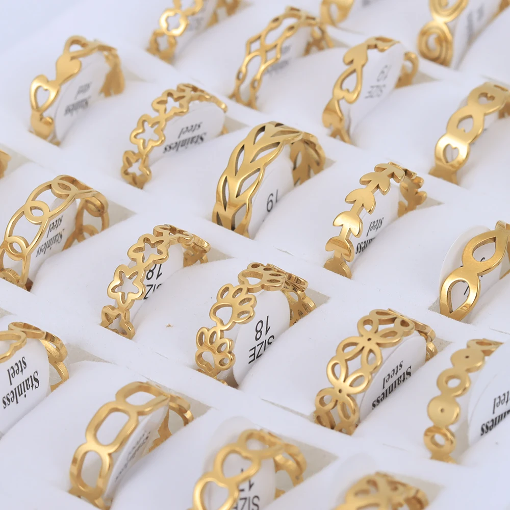 24 Pcs/Lot Stainless Steel Flower Heart Geometric Hollow Rings for Women Creative 2023 New Fashion Madam Jewelry Gift Wholesale