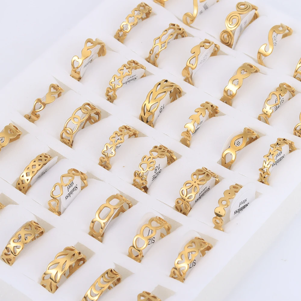 24 Pcs/Lot Stainless Steel Flower Heart Geometric Hollow Rings for Women Creative 2023 New Fashion Madam Jewelry Gift Wholesale
