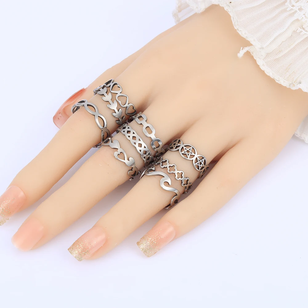 24 Pcs/Lot Stainless Steel Flower Heart Geometric Hollow Rings for Women Creative 2023 New Fashion Madam Jewelry Gift Wholesale