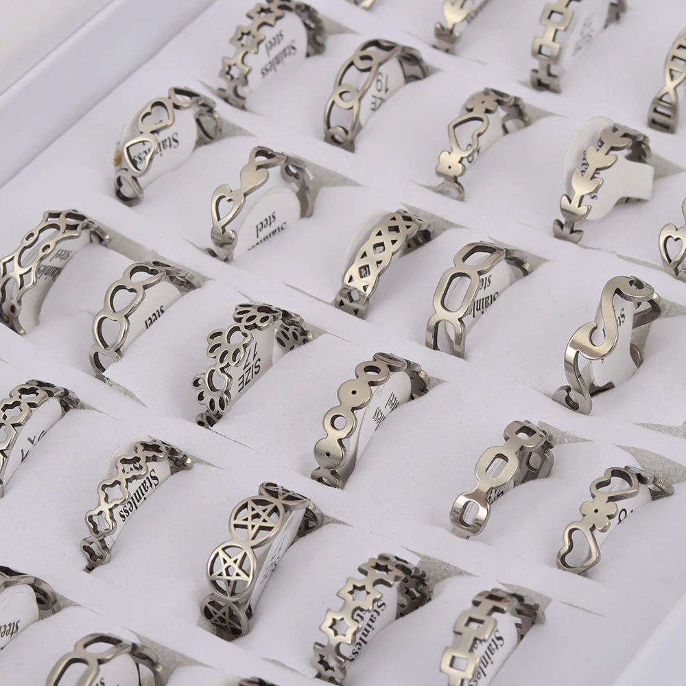 24 Pcs/Lot Stainless Steel Flower Heart Geometric Hollow Rings for Women Creative 2023 New Fashion Madam Jewelry Gift Wholesale