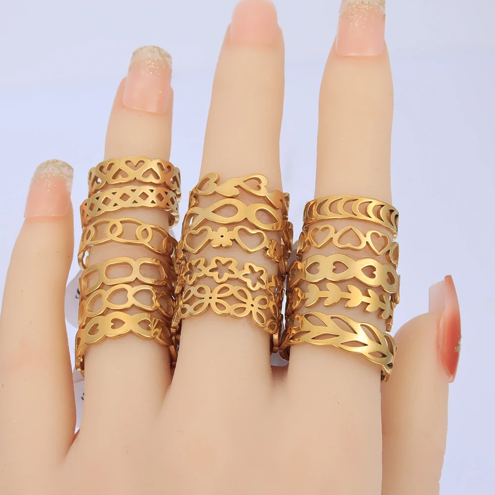 24 Pcs/Lot Stainless Steel Flower Heart Geometric Hollow Rings for Women Creative 2023 New Fashion Madam Jewelry Gift Wholesale